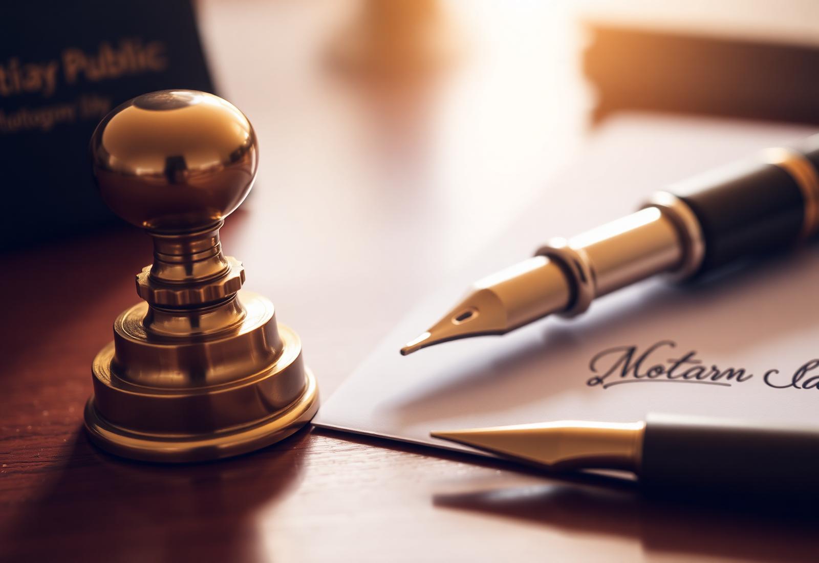 Brass notary stamp and fountain pen resting on a signed document